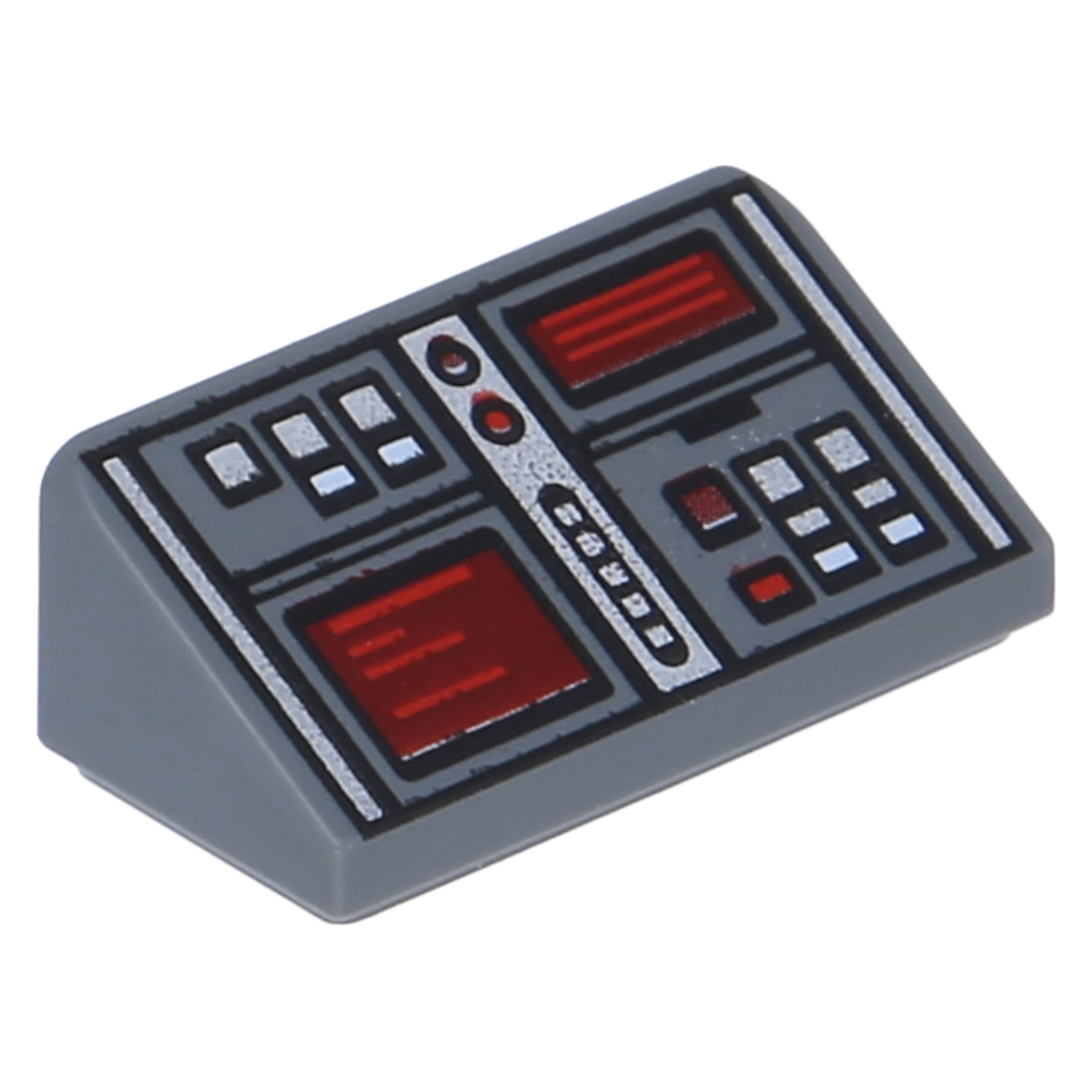 Lego roof stones (printed) - 1 x 2 x 2/3 with 2 red screens, red and white buttons (30 °)